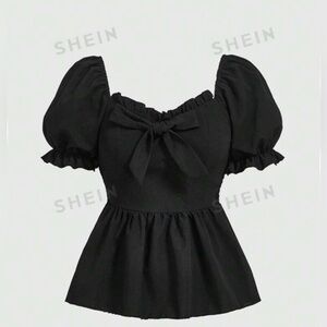 ROMWE Kawaii Women's Doll Bowknot Decor Puff Sleeve Blouse, School